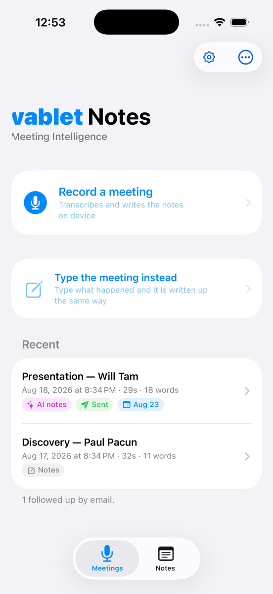 The vabletNotes home screen on an iPhone, showing Record a meeting and a list of recent meetings.