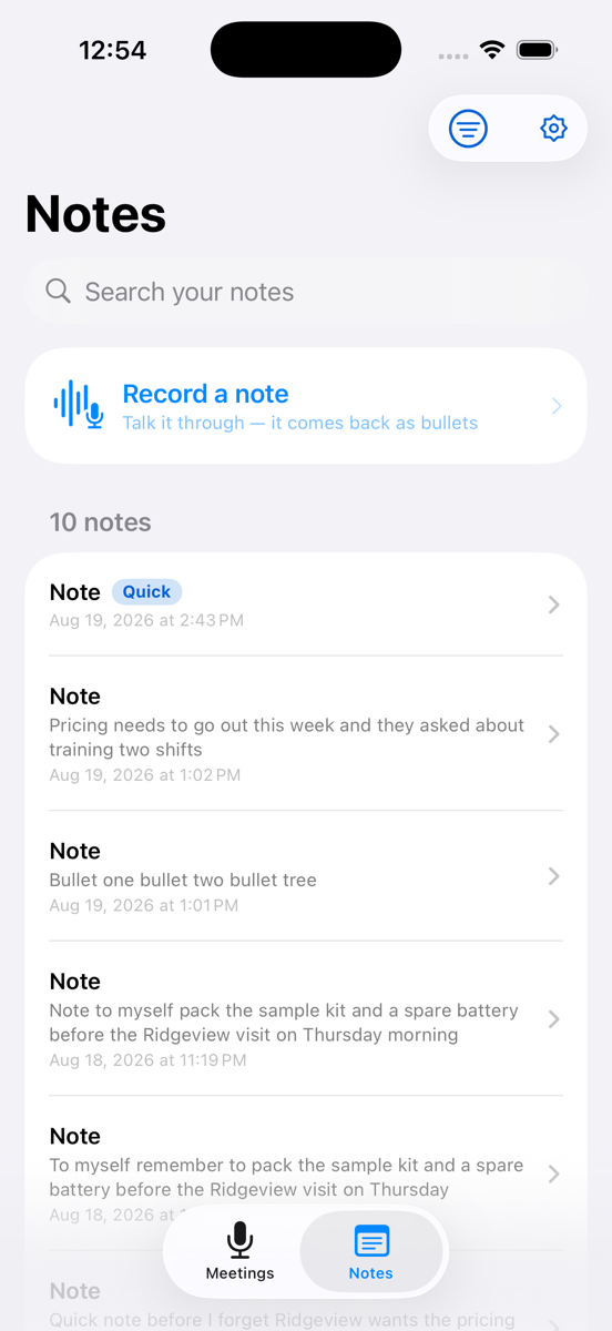 The Notes tab in vabletNotes, listing saved notes with their kind and date.