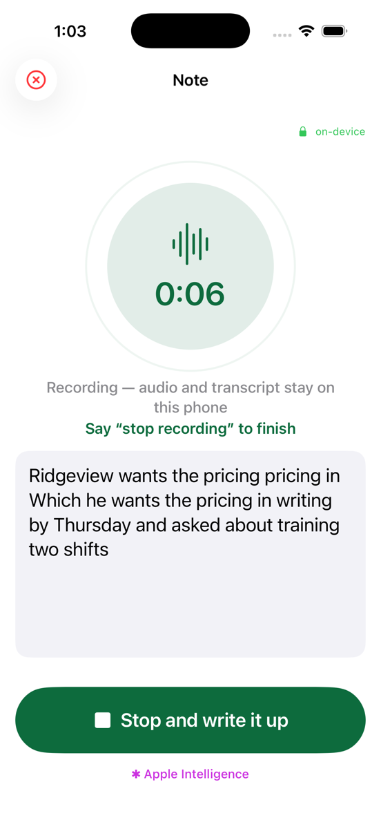 vabletNotes recording a note, showing the live transcript in large type and a green Stop and write it up button.